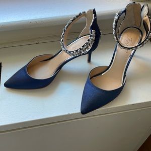 Wore once to daughters wedding- 2.5 heel in Navy Satin Rhinestone ankle strap